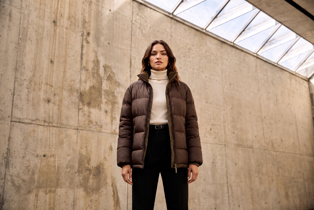 Hero puffer jacket model on concrete skylight background, tight crop