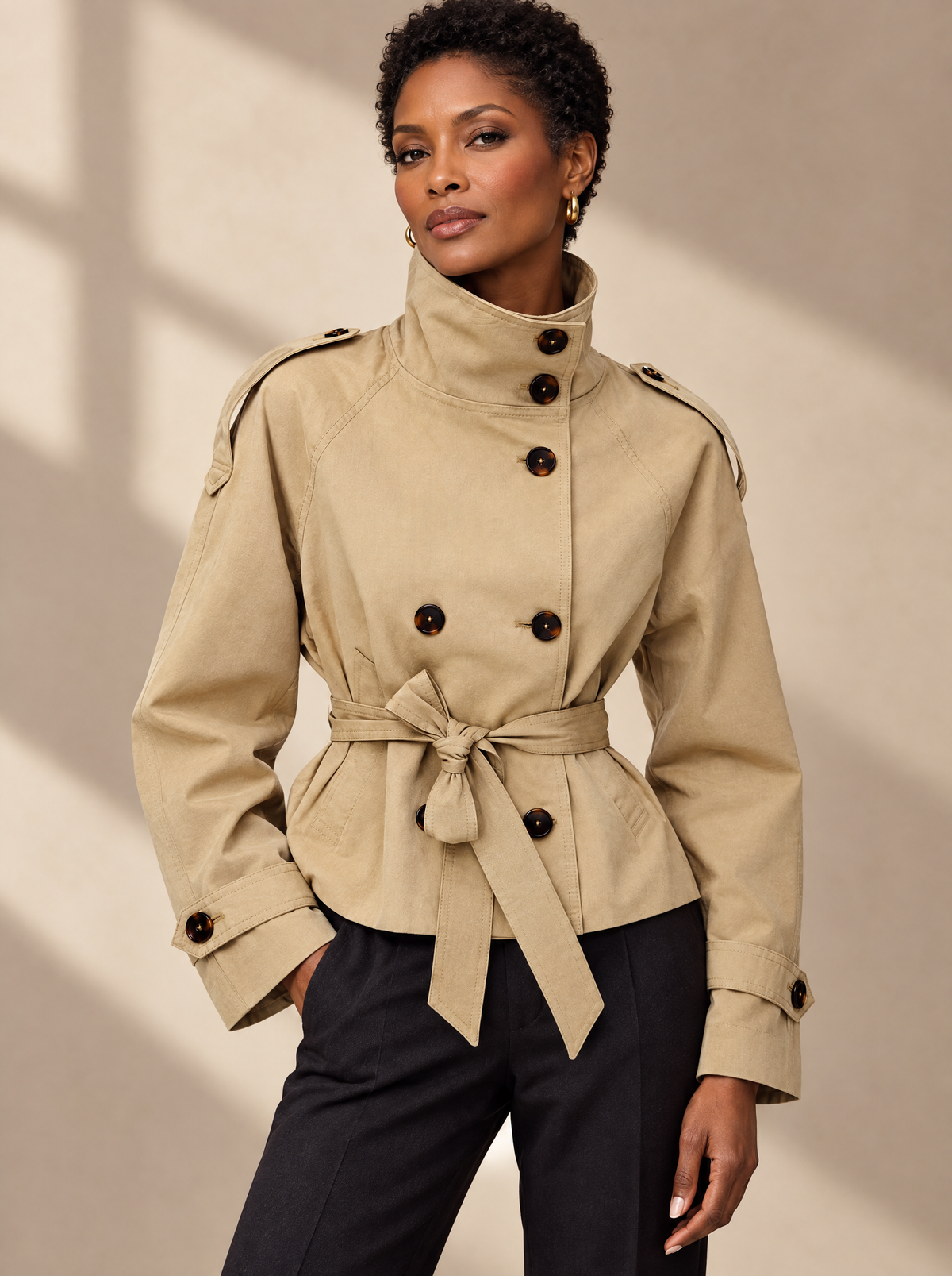JXR0004 Belted Trench Jacket in khaki on a dark-skinned female model
