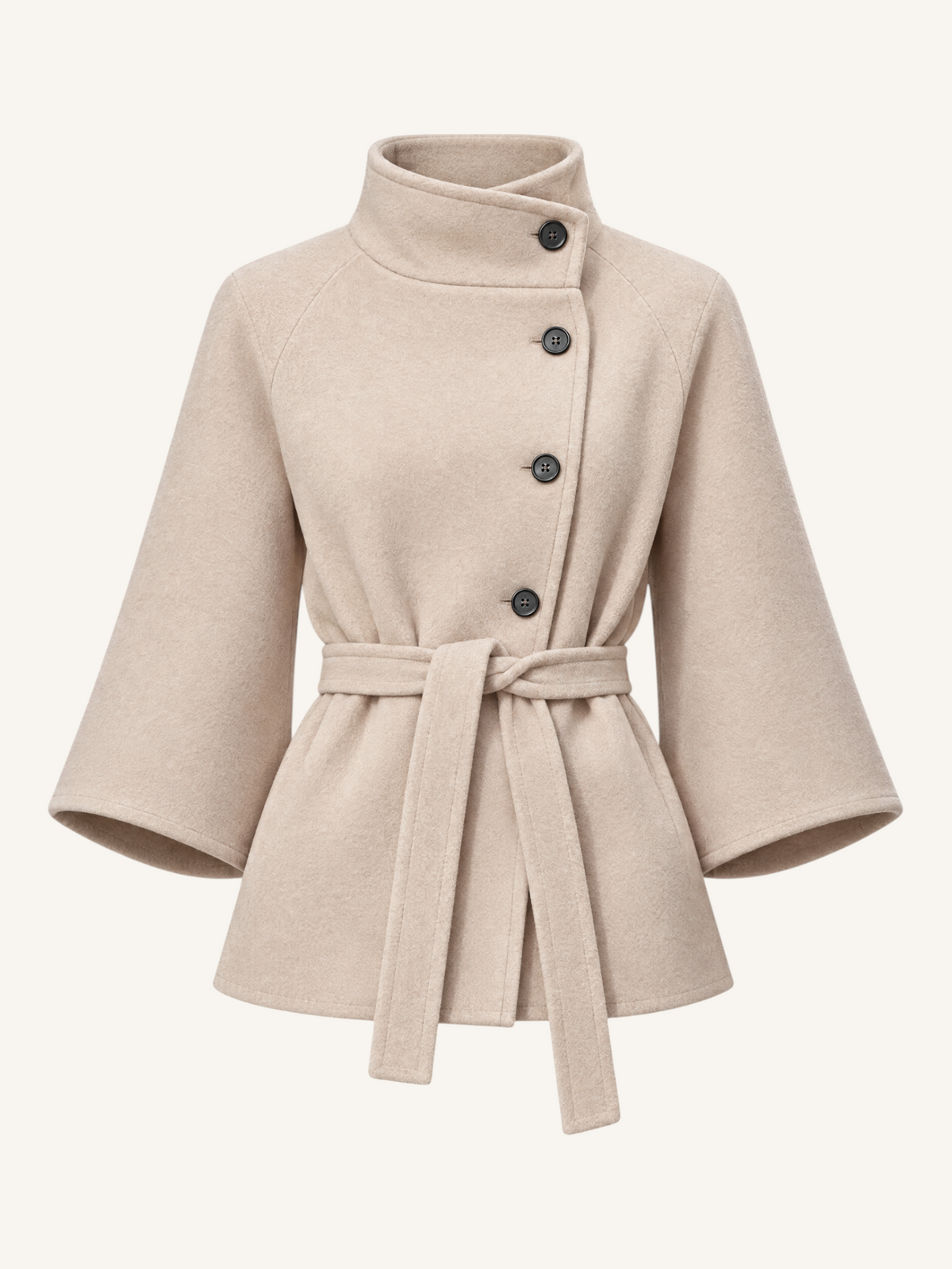 JXR0006 Belted Stand-Collar Jacket in beige, front product view