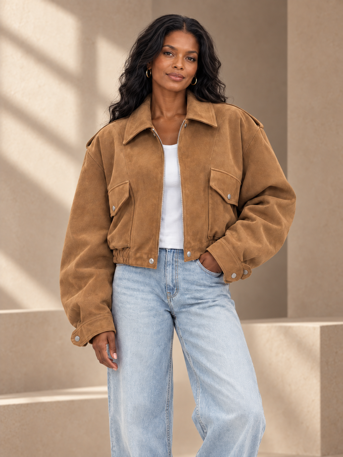 JXR0007 Relaxed Suede-Effect Cropped Jacket on a female model in a warm taupe studio, head-to-mid-leg view
