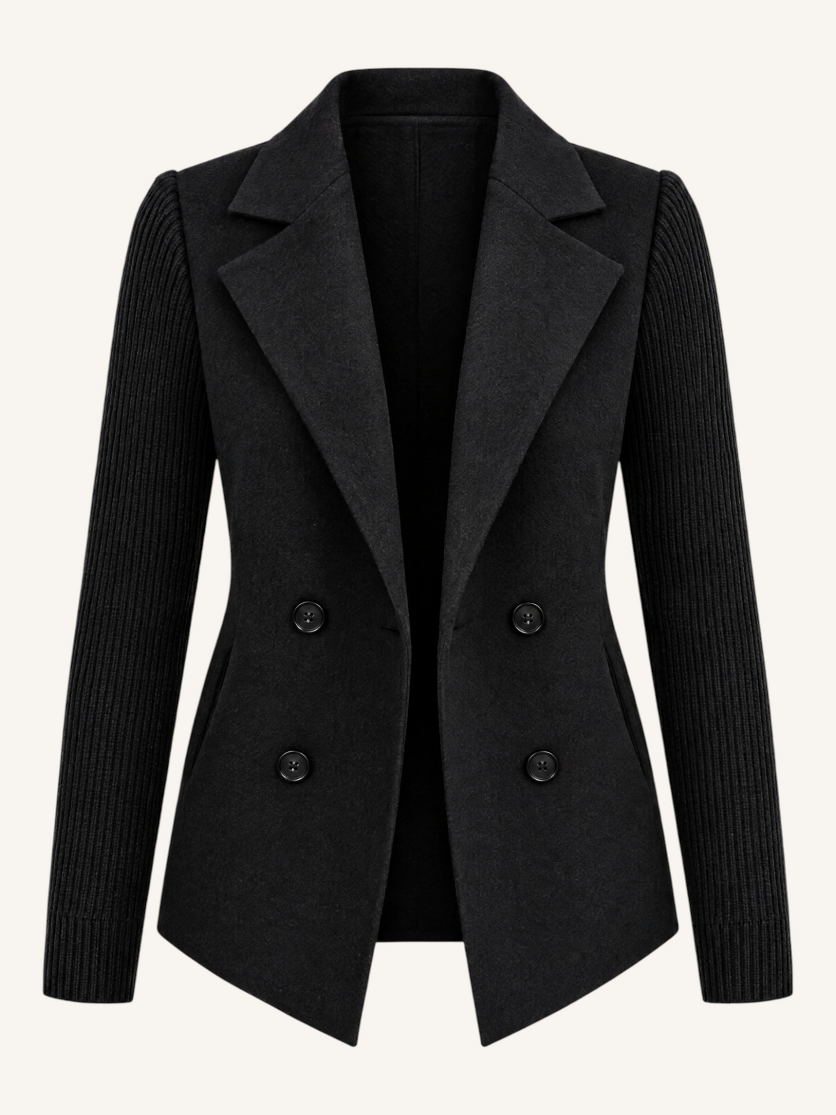 JXR0009 black contrast-sleeve double-breasted coat front