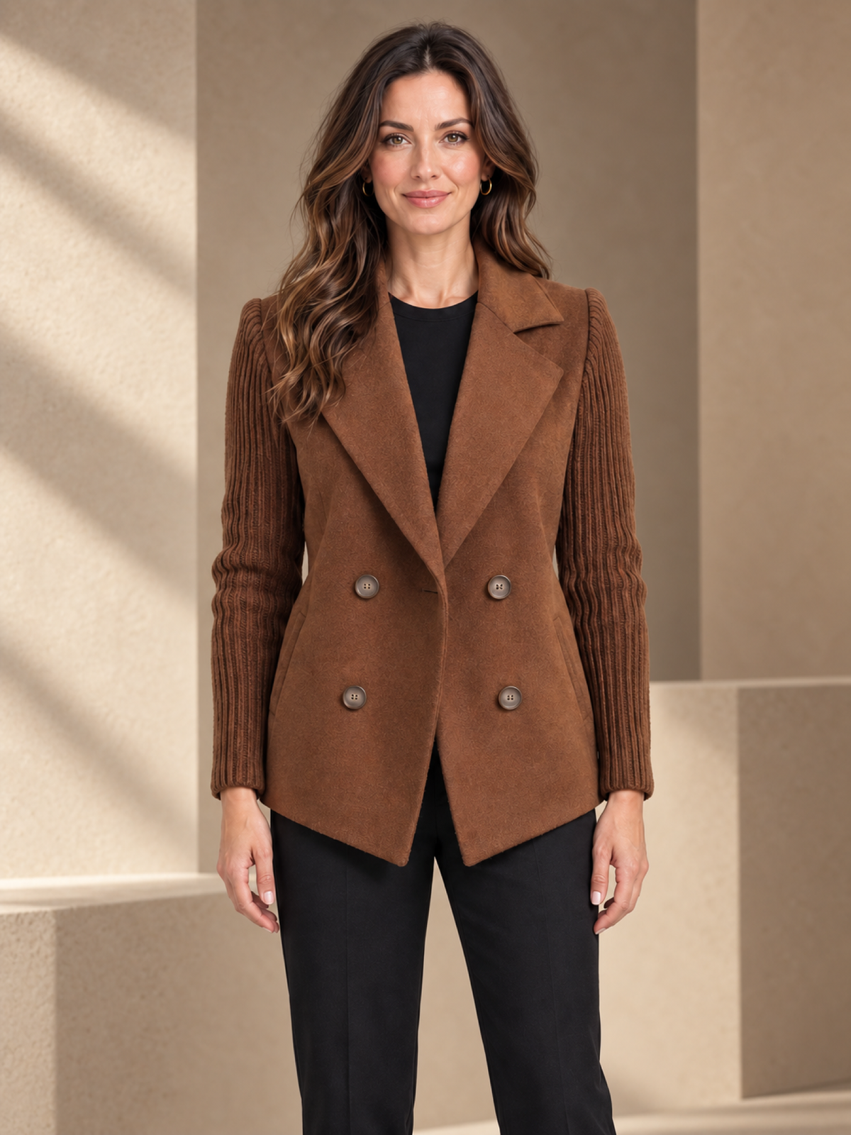 JXR0009 Contrast-Sleeve Double-Breasted Coat on a female model in a warm taupe studio, head-to-mid-leg view