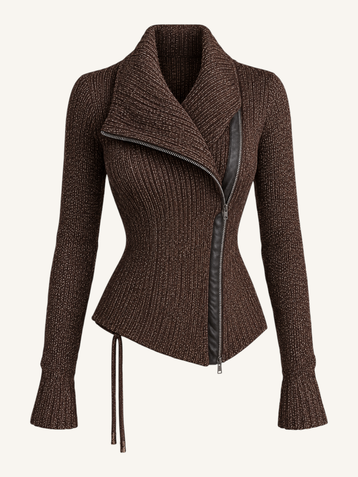 JXR2003 asymmetric brown ribbed knit cardigan, front view