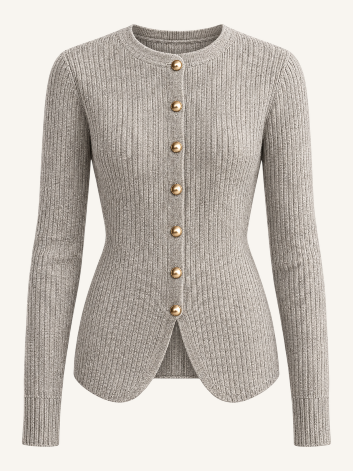 JXR2005 silver-grey gold-button ribbed cardigan front view