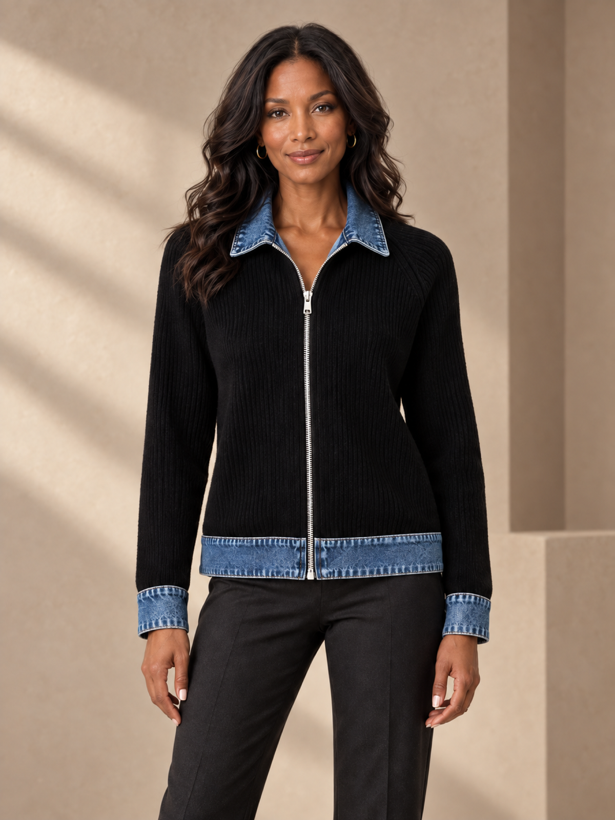JXR2007 Contrast-Denim Ribbed Cardigan on a female model in a warm taupe studio, head-to-mid-leg view