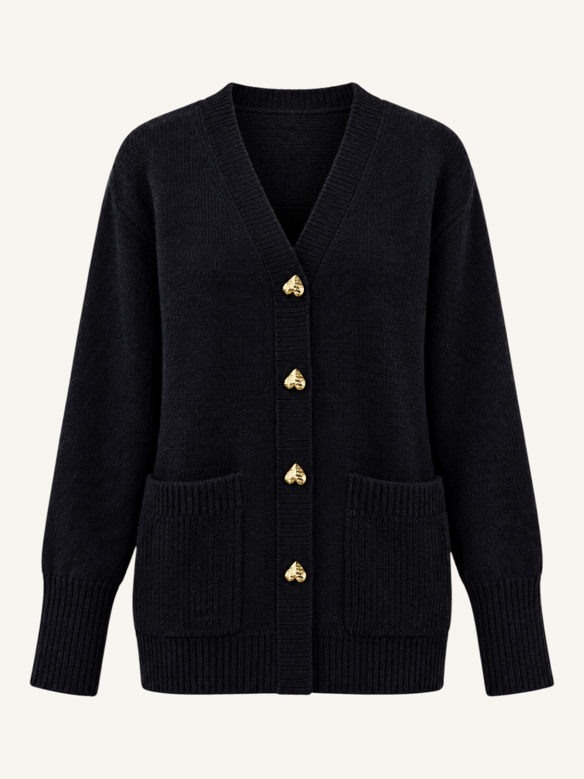 JXR2008 Heart-Button V-Neck Cardigan in black, front view