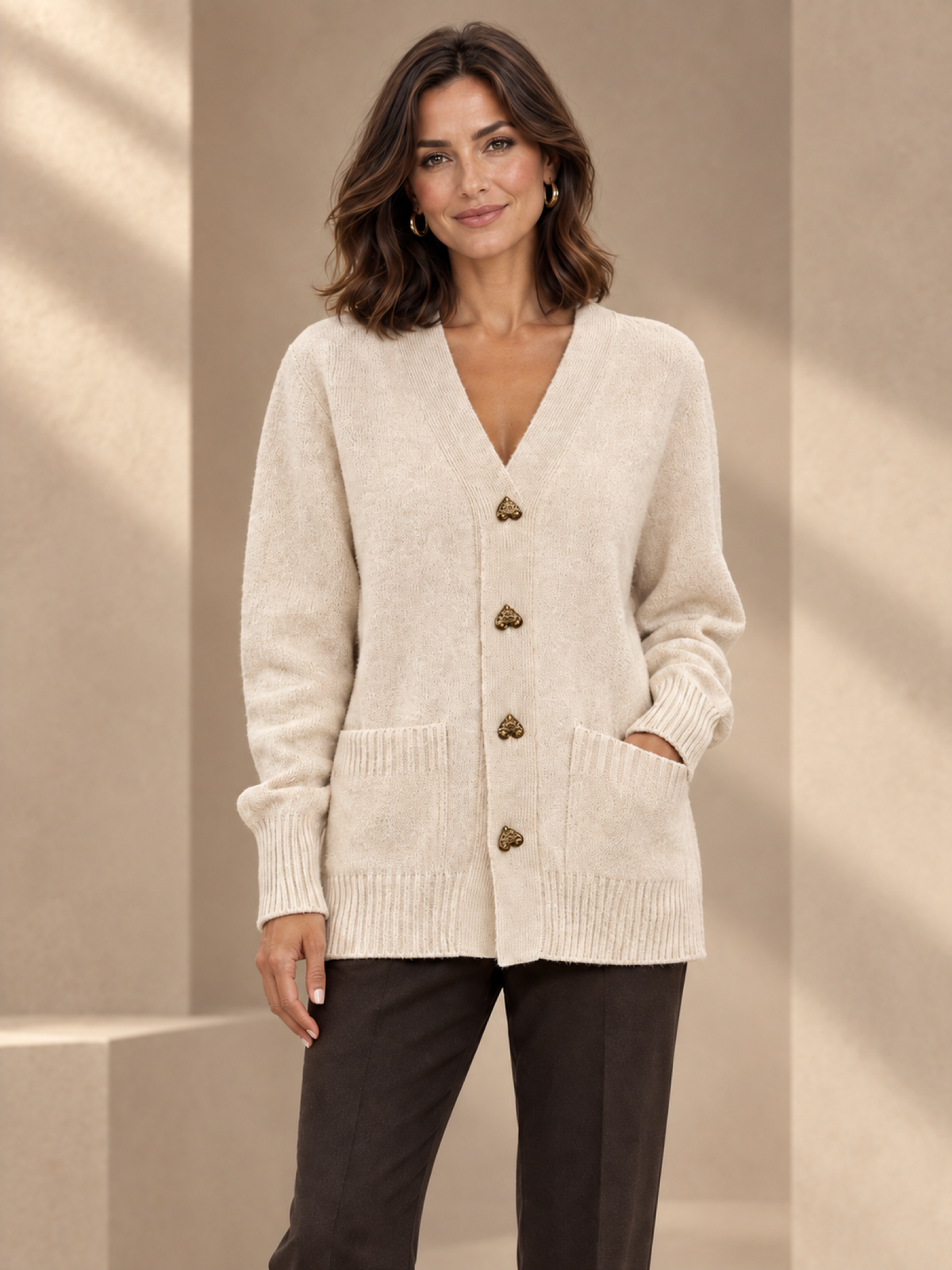 JXR2008 Heart-Button V-Neck Cardigan on a female model in a warm taupe studio, head-to-mid-leg view