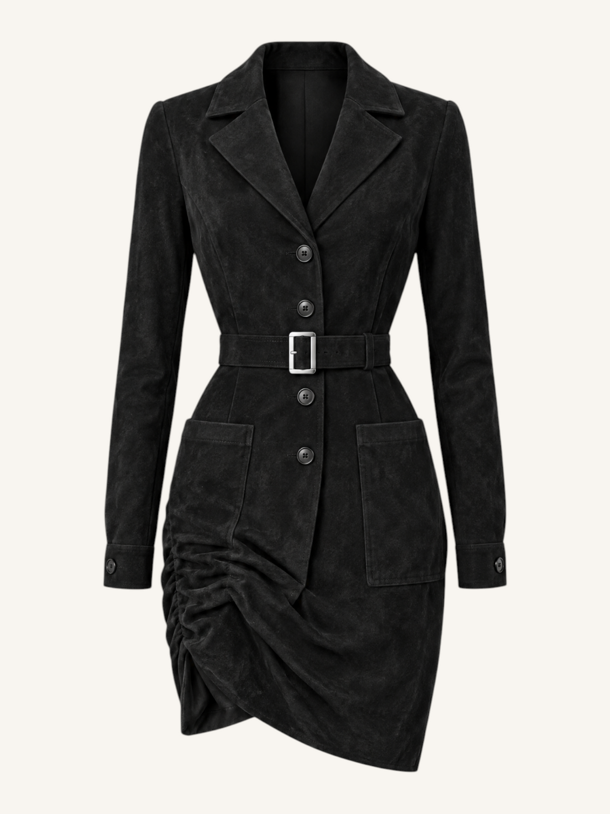 JXR3001 belted long-sleeve shirt dress in Black, front product view