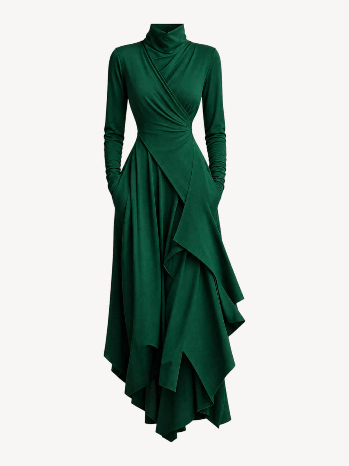 JXR3002 Draped High-Neck Maxi Dress in green, front product view