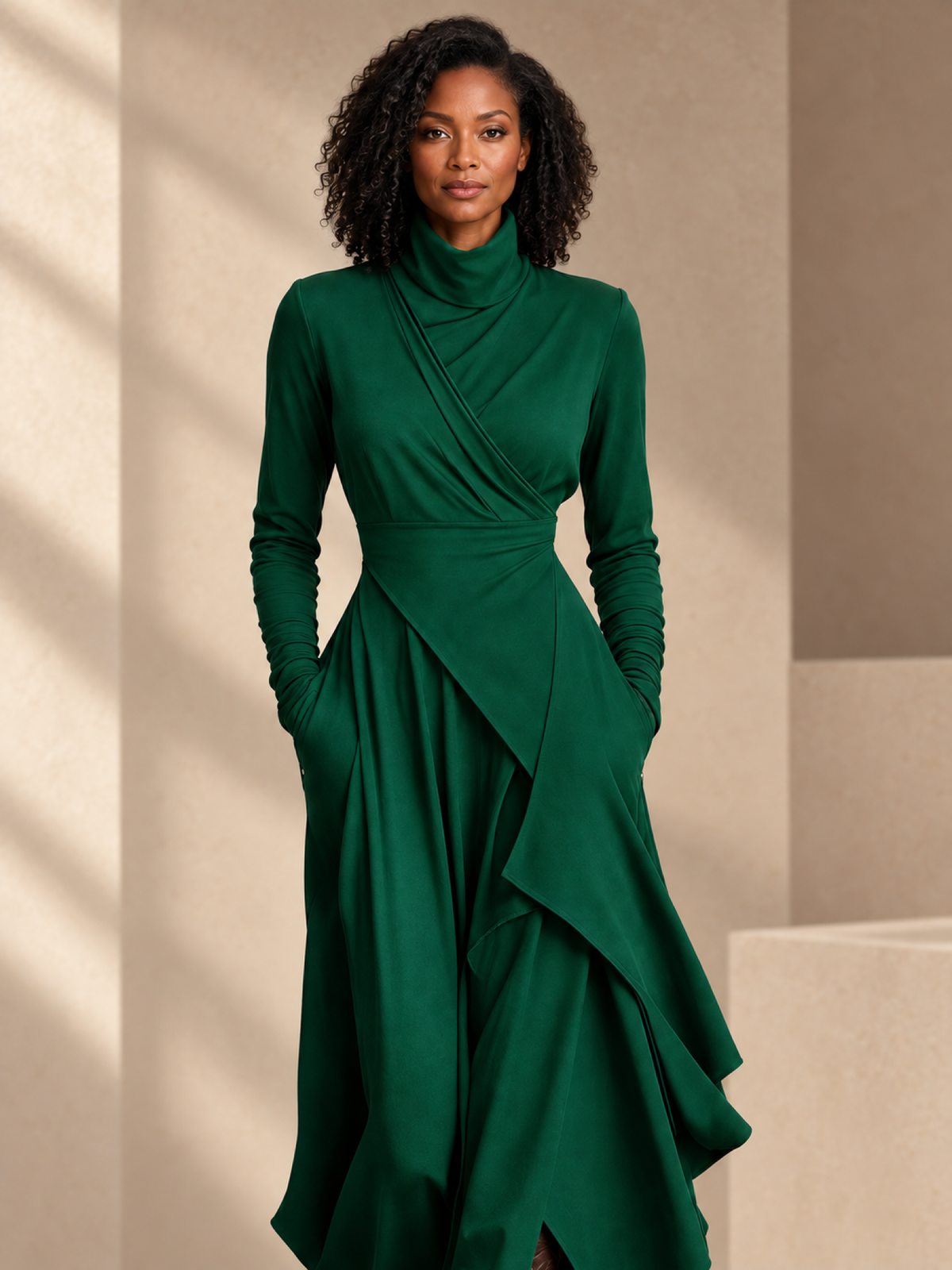 JXR3002 green draped high-neck maxi dress on a model