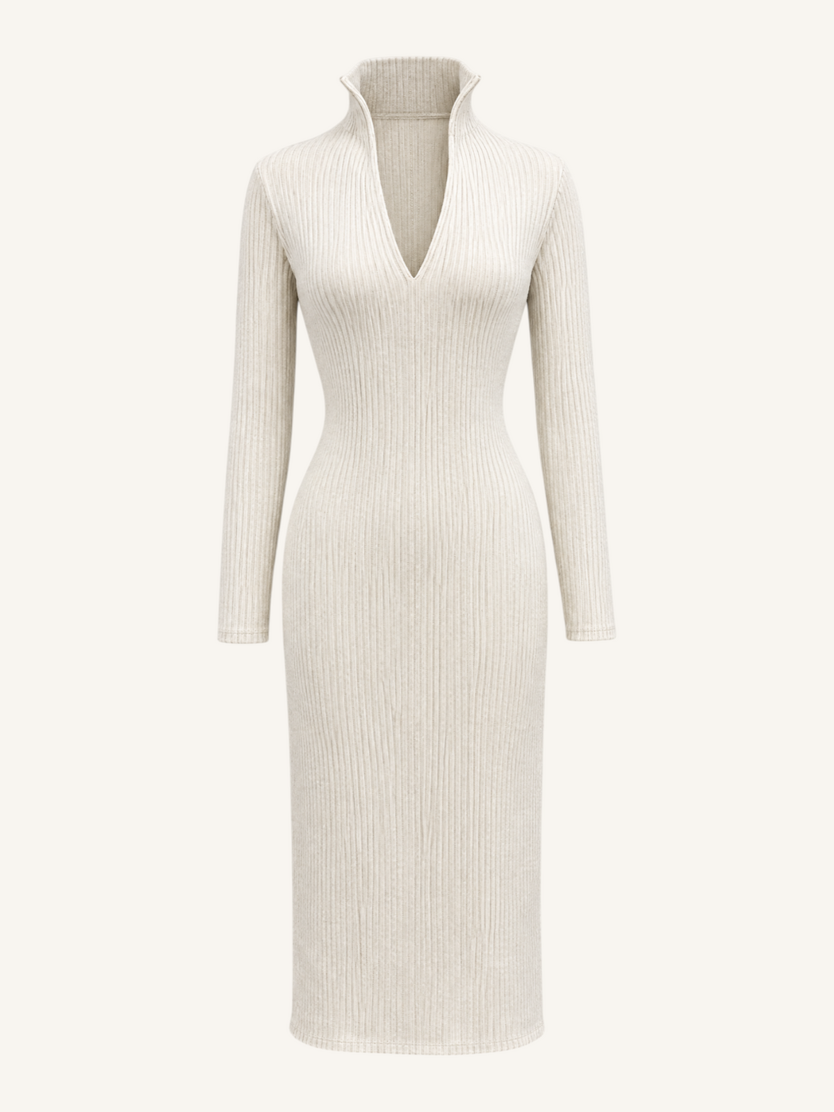 JXR3003 Ribbed High-Collar Midi Dress in ivory, front product view