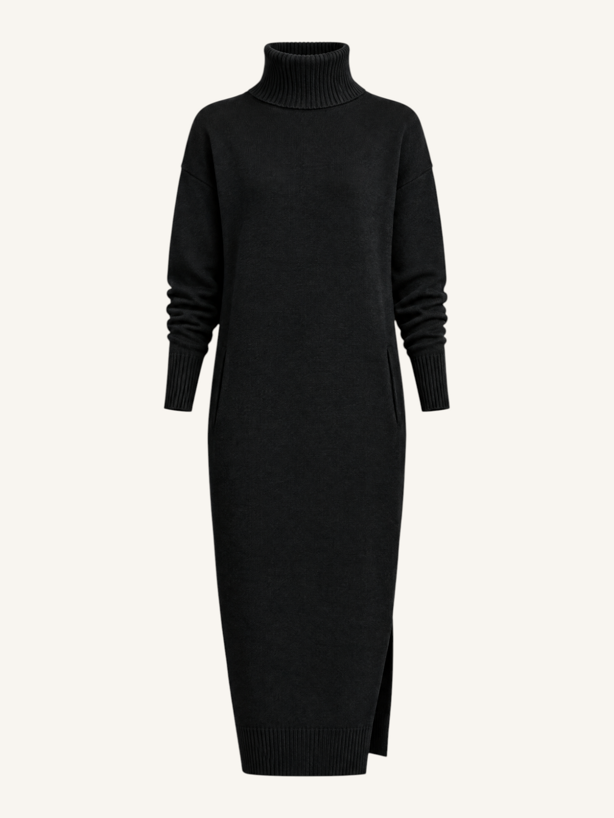 JXR3007 High-Neck Slit Midi Dress in Black, product-only front view