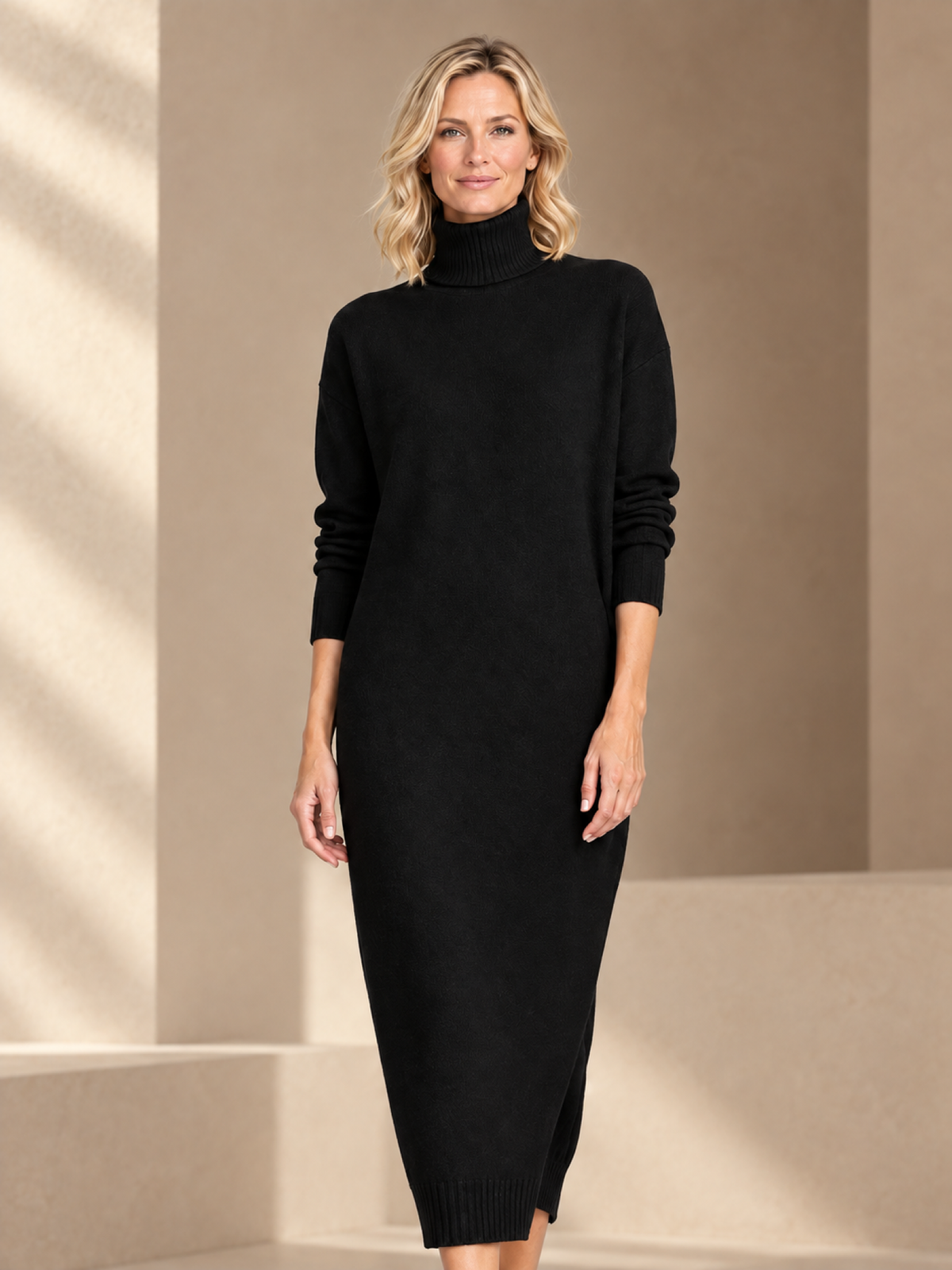 JXR3007 High-Neck Slit Midi Dress on a female model in a warm taupe studio, head-to-mid-leg view