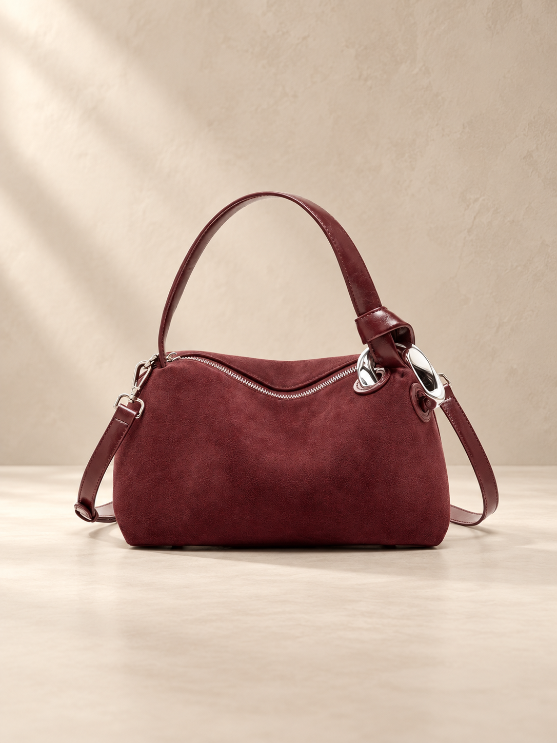 JXR4001 Angora Red suede-finish leather tote on a warm ivory-beige studio background