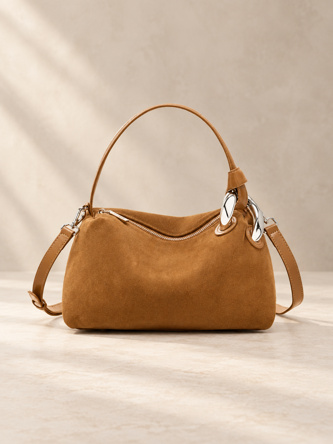 JXR4001 sugar brown suede-finish leather tote on a warm ivory-beige studio background