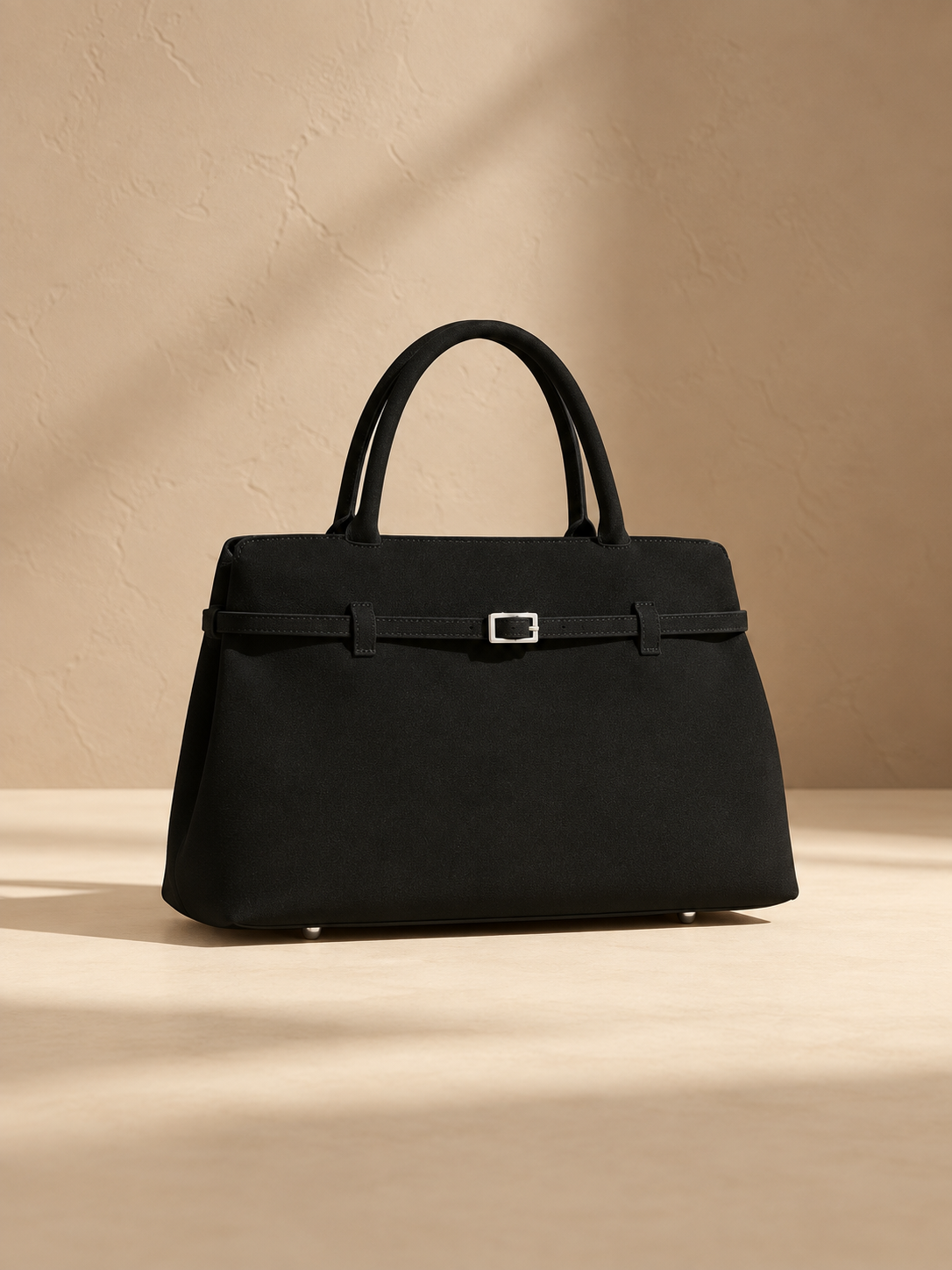 JXR4002 black faux-suede tote on a warm ivory-beige studio background