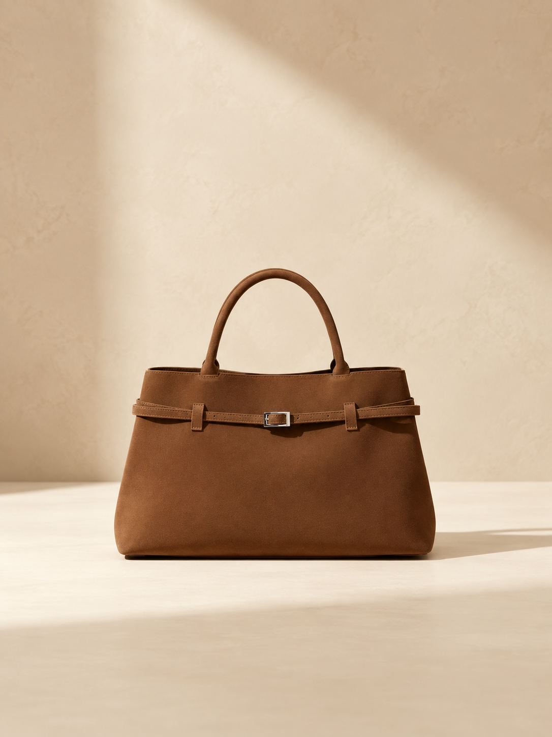 JXR4002 brown faux-suede tote on a warm ivory-beige studio background