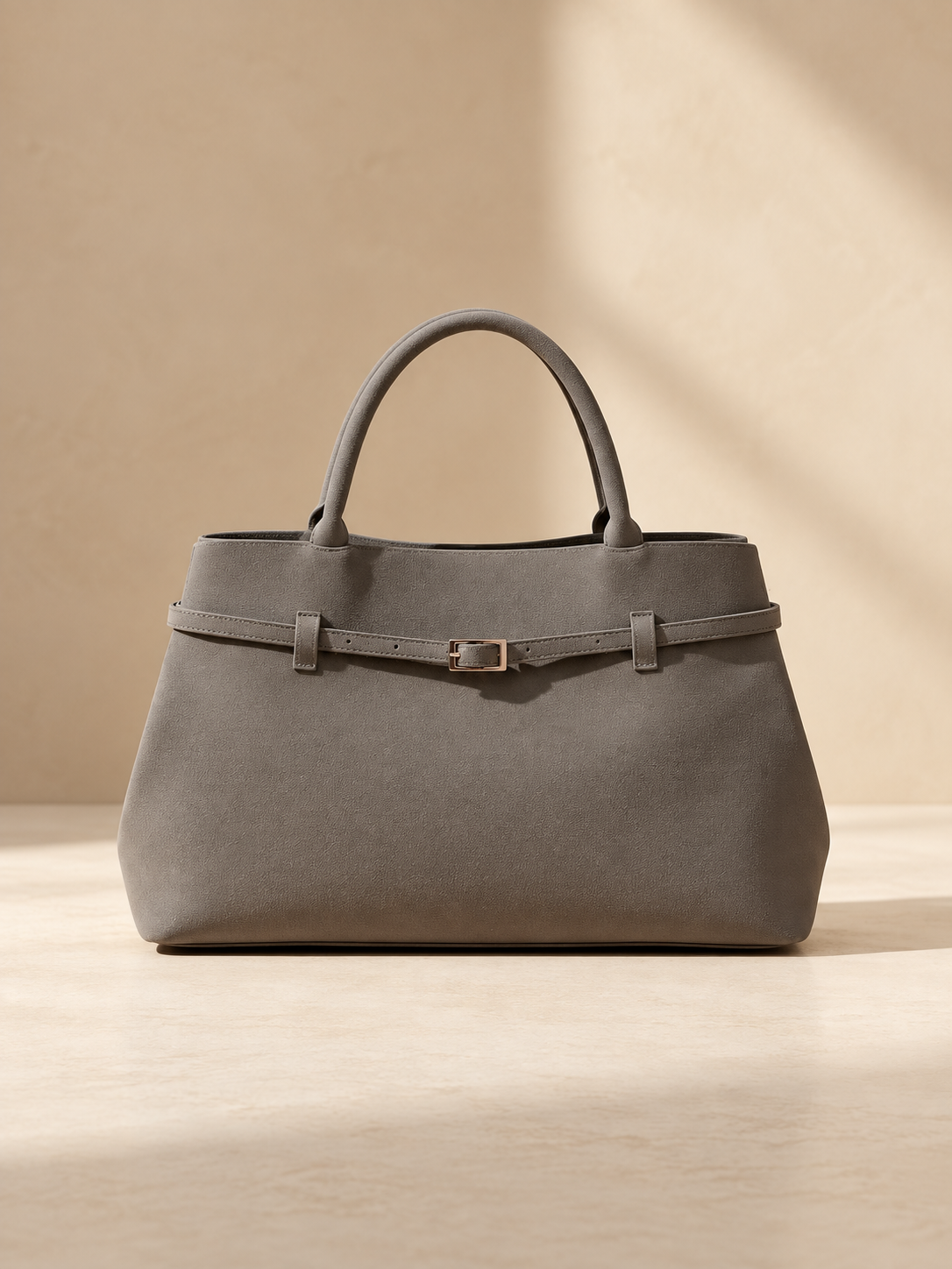 JXR4002 grey faux-suede tote on a warm ivory-beige studio background