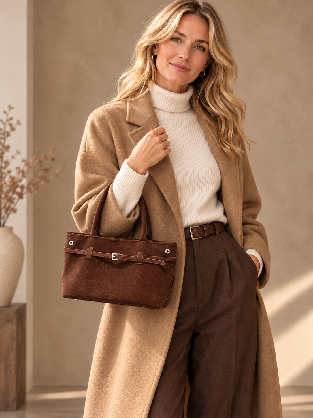 JXR4002 brown faux-suede tote carried by a blonde model; compact, realistic proportions in a warm ivory-beige studio