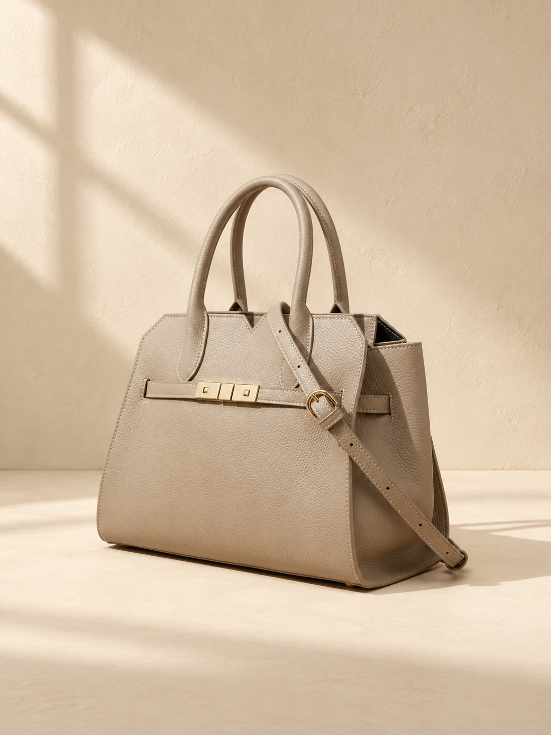 JXR4003 elephant-grey top-grain leather tote strap detail on a warm ivory-beige studio background