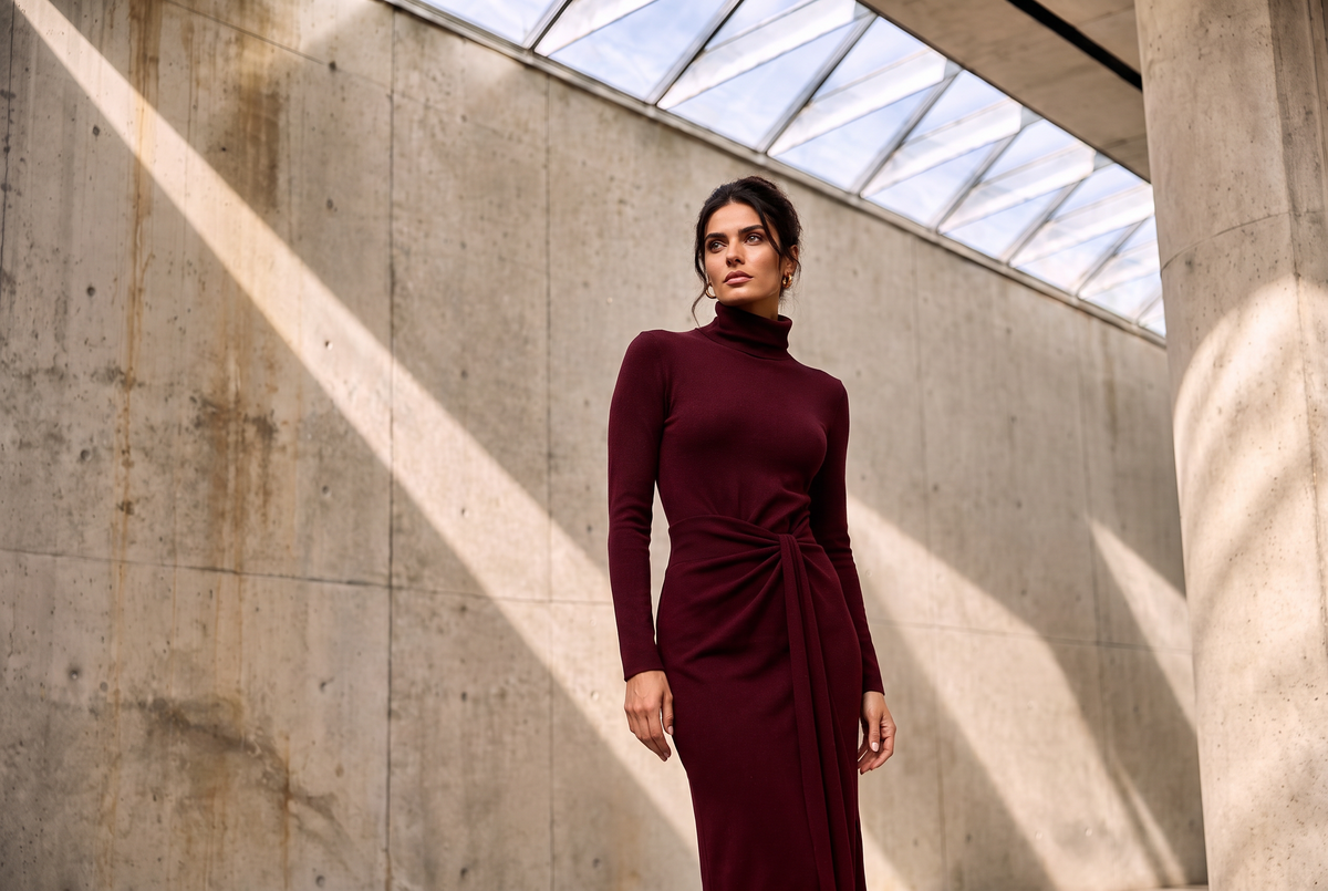 Hero dress model on concrete skylight background, tight crop