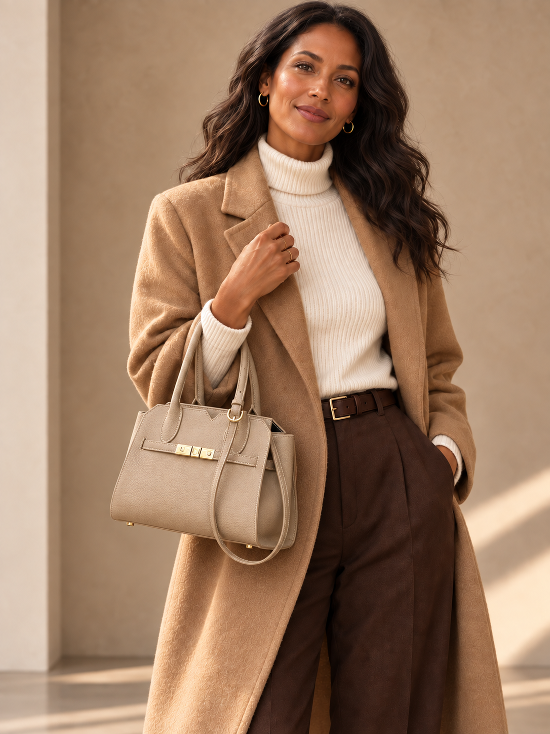 JXR4003 light taupe top-grain leather tote carried by a brunette model; compact, realistic proportions in a warm ivory-beige studio